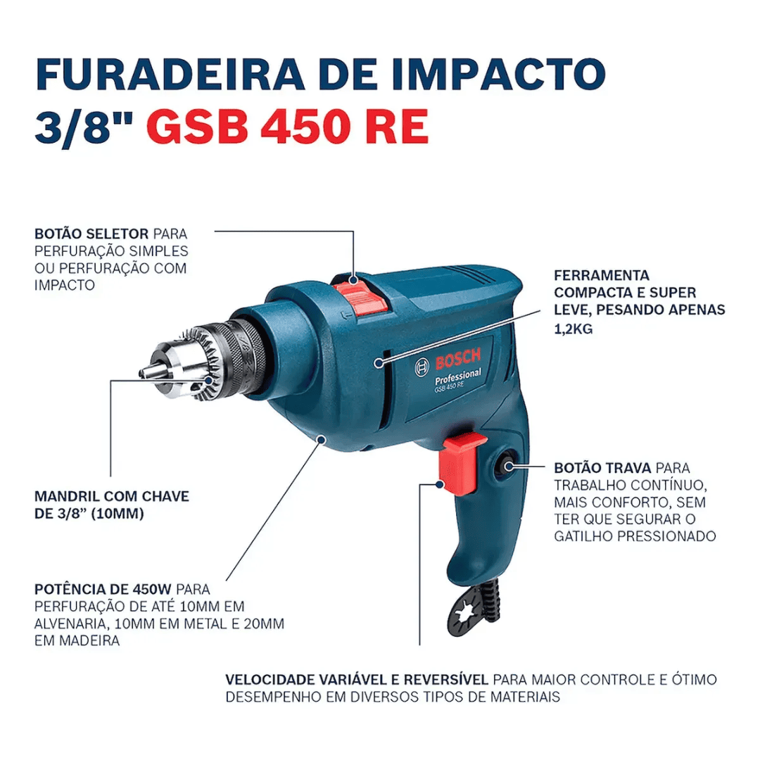 Furadeira de Impacto GSB RE 450W 220V com 3 Brocas - BOSCH - Imagem 3